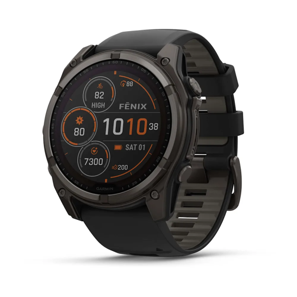 Garmin Fenix 8 – 51 mm Solar Sapphire Karbon gri DLC titanyum ve Siyah/çakıl grisi silikon kayış