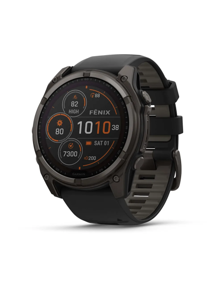 Garmin Fenix 8 – 51 mm Solar Sapphire Karbon Gri DLC Titanyum ve Siyah/Çakıl Grisi Silikon Kayış