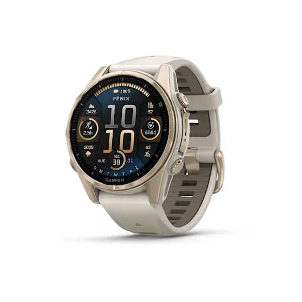 Garmin Fenix 8 - 43 mm AMOLED Sapphire Soft Gold ve Gri/Kum Taşı Silikon Kayışlı