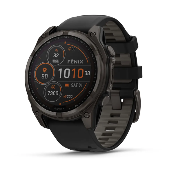 Garmin Fenix 8 - 47 mm Solar Sapphire Karbon Gri DLC Titanyum Siyah/Gri Silikon Kayışlı