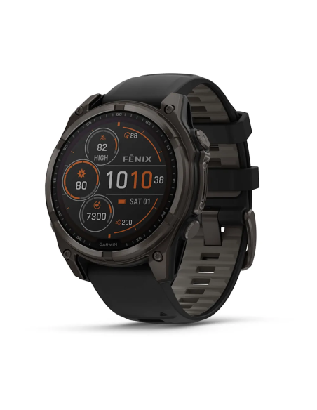 Garmin Fenix 8 - 47 mm Solar Sapphire Karbon Gri DLC Titanyum Siyah/Gri Silikon Kayışlı