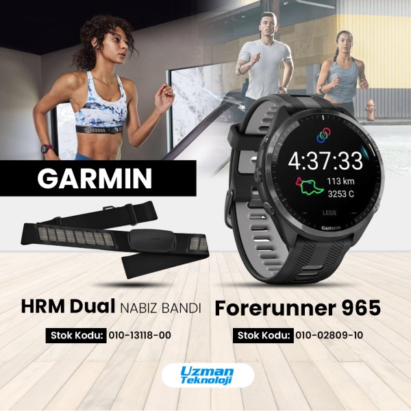 Garmin Forerunner 965 Karbon Gri DLC Titanyum Siyah | Gri & HRM DUAL Nabız Bandı SETİ