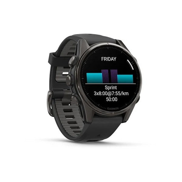 Garmin Fenix 8 - 43 mm, AMOLED Sapphire Karbon Gri DLC Titanyum Siyah/Gri Silikon Kayışlı