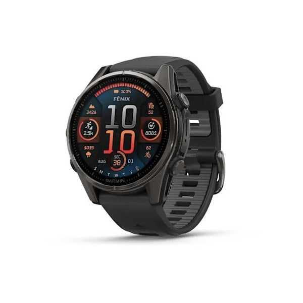 Garmin Fenix 8 - 43 mm, AMOLED Sapphire Karbon Gri DLC Titanyum Siyah/Gri Silikon Kayışlı