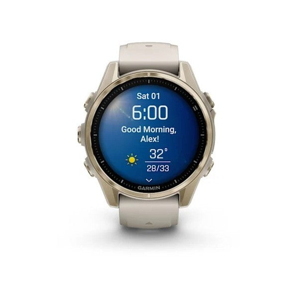 Garmin Fenix 8 - 43 mm AMOLED Sapphire Soft Gold ve Gri/Kum Taşı Silikon Kayışlı
