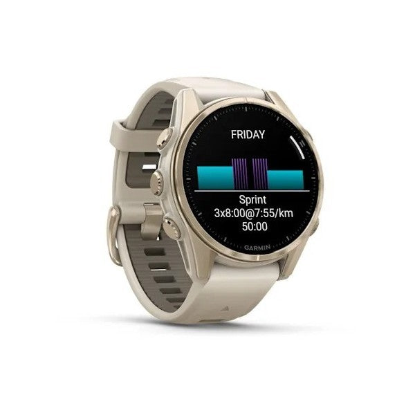 Garmin Fenix 8 - 43 mm AMOLED Sapphire Soft Gold ve Gri/Kum Taşı Silikon Kayışlı
