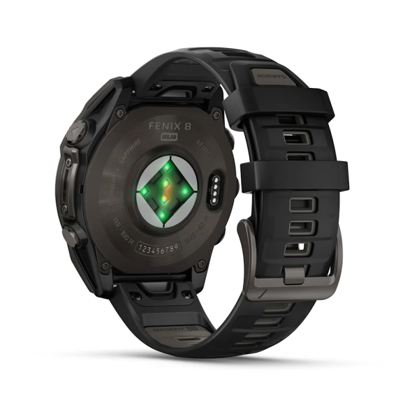 Garmin Fenix 8 - 47 mm Solar Sapphire Karbon Gri DLC Titanyum Siyah/Gri Silikon Kayışlı