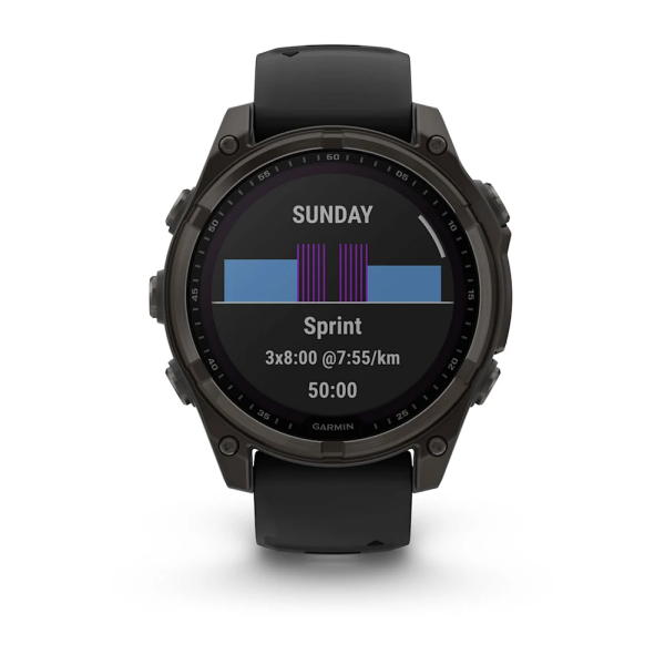 Garmin Fenix 8 - 47 mm Solar Sapphire Karbon Gri DLC Titanyum Siyah/Gri Silikon Kayışlı