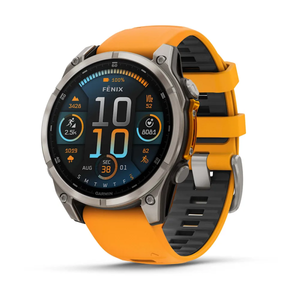 Garmin Fenix 8 – 47 mm AMOLED Sapphire Titanyum Turuncu/Grafit Silikon Kayışlı