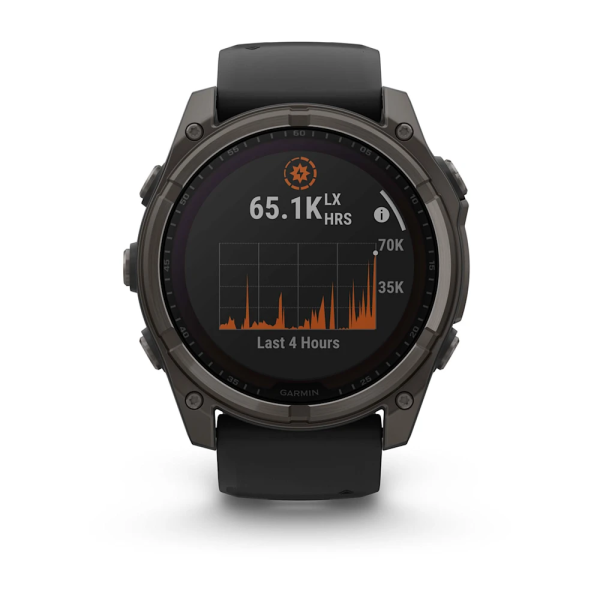 Garmin Fenix 8 – 51 mm Solar Sapphire Karbon Gri DLC Titanyum ve Siyah/Çakıl Grisi Silikon Kayış